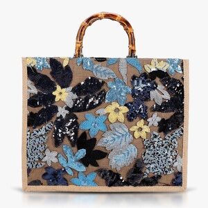 Floral Embroidered Tote Bag with Bamboo Handle